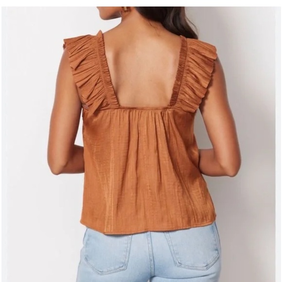 Evereve Ruffled V-Neck Brown Blouse - Picture 3 of 9